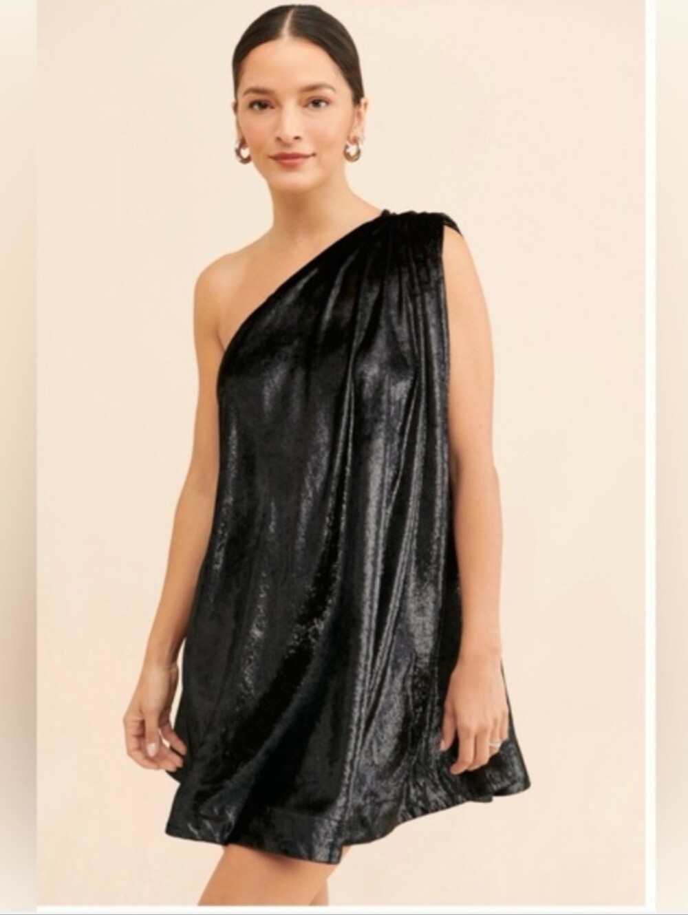 Anthropologie Let Me Be One-Shoulder Lurex Velvet Dress Black, size L LBD Party